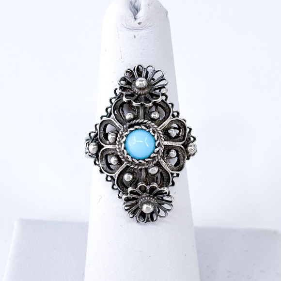 Vintage Sterling Silver 925 Filigree Persian Turquoise Ring Size 6 - Picture 2 of 8